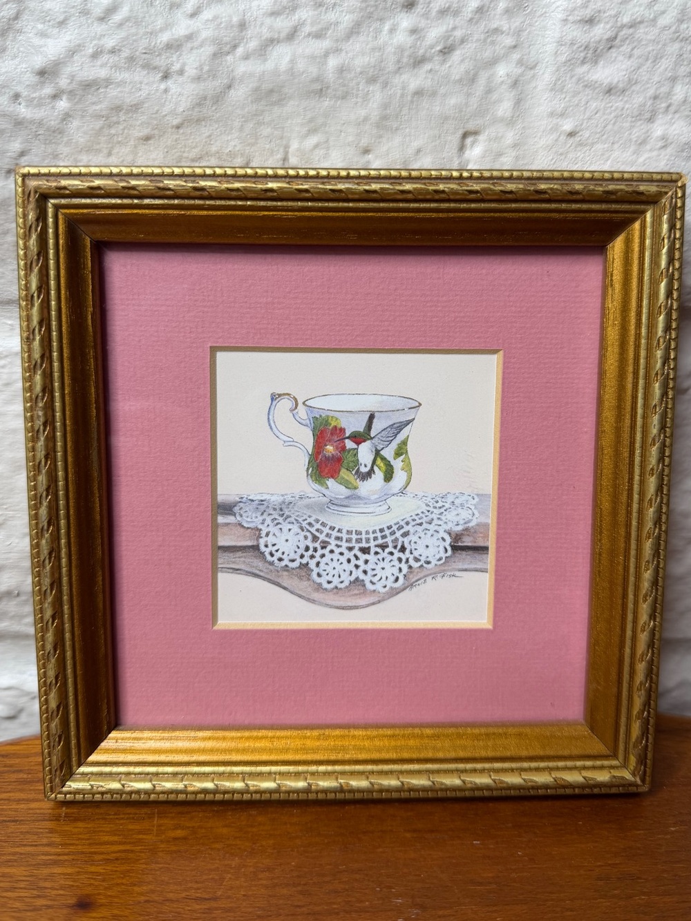 Vtg Farmhouse Arnie R. Fisk Framed Art Print TEA Pink Mat Humingbird Gold Frame